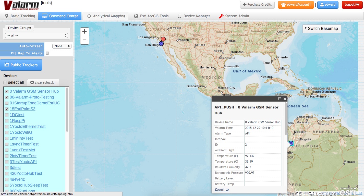 Valarm Tools Cloud Command Center Esri ArcGIS Map Colombia California Water Environmental Remote Monitoring Telemetry Industrial IoT solutions package kit sensors