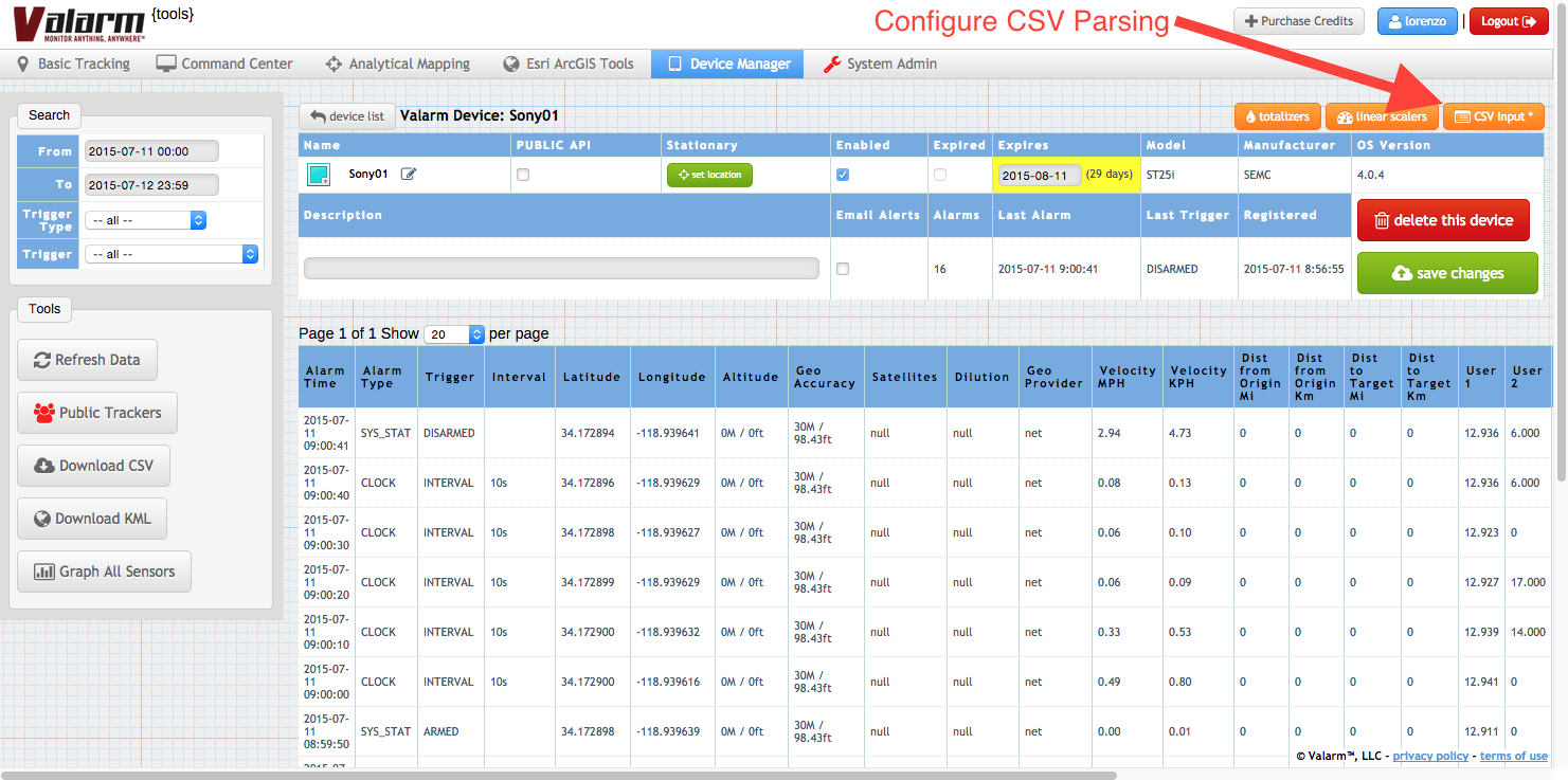 Valarm Tools Cloud Configure CSV Input Example for Campbell Scientific CR200X Sensor Data Logger - 1